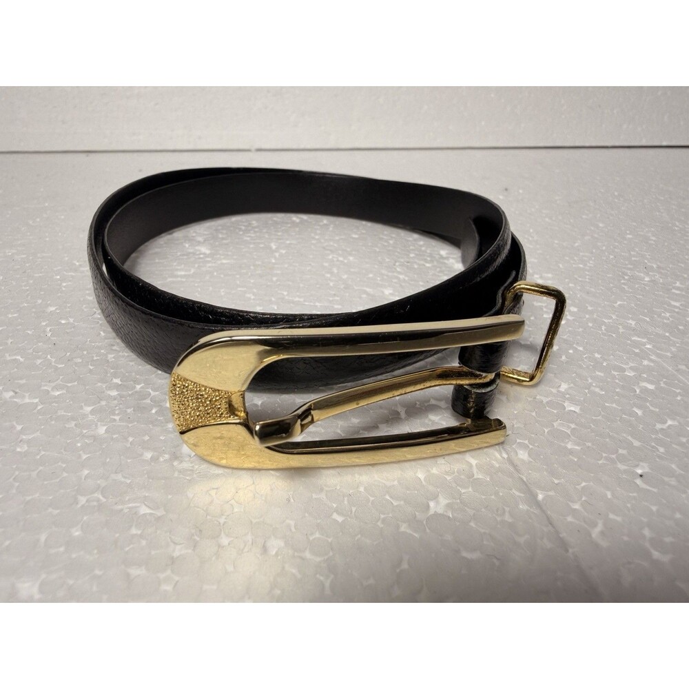 Vintage Womens Black Snake Grain Cowhide Leather Belt Gold Tone Buckle Size M